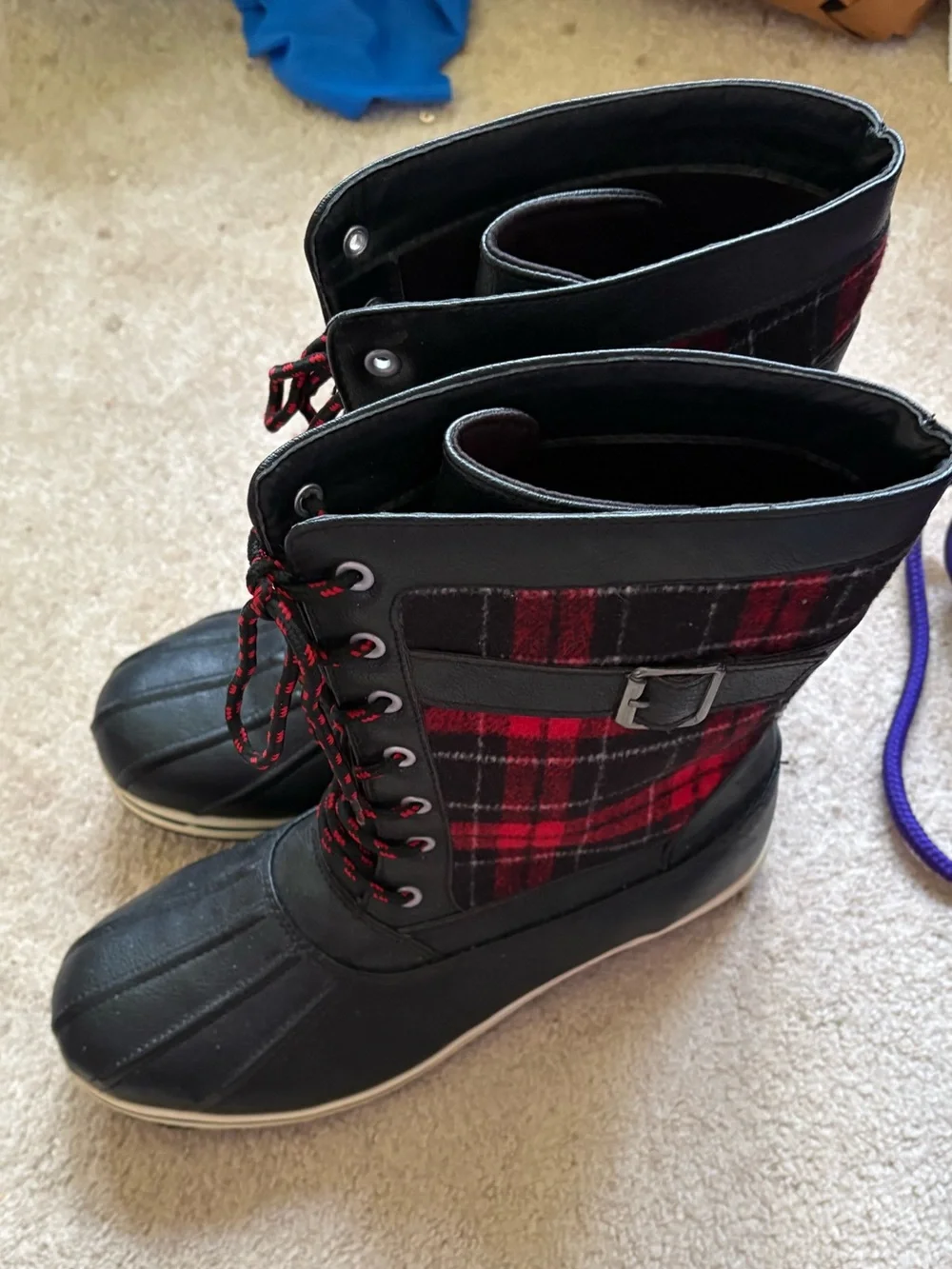 Women’s Black & Red Plaid Winter Duck Boots - Picture 5 of 6